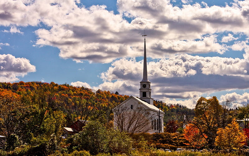 Fall Season in New England, colors, church, trees, clouds, sky, HD wallpaper