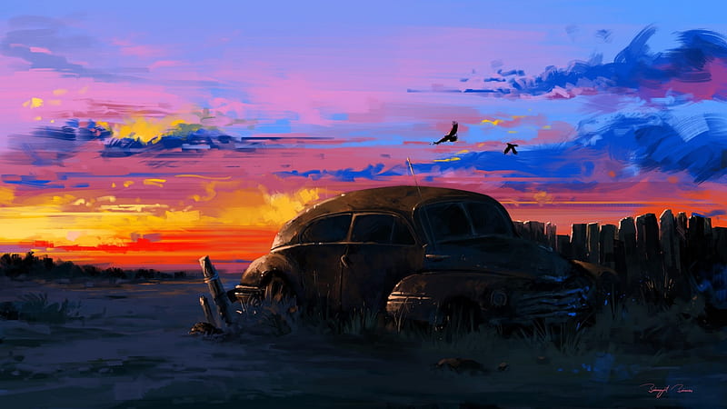 Vehicles, Wreck, Artistic, Car, Sunset, HD wallpaper