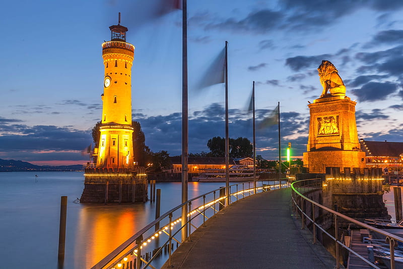 Lindau, Lake Constance, germany, bridge, pier, evening, clouds, sky, harbor, HD wallpaper