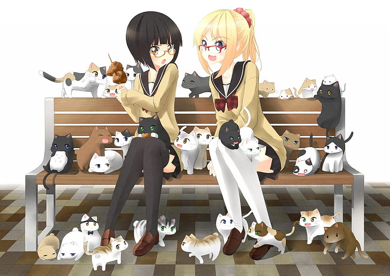 Lunch With The Cats, Anime Friends, Lunch, Anime, Smile, Blushing, School Uniform, Blonde, Bench, Glasses, Meat, Black Hair, Blue Eyes, Friends, Seifuku, Cats, Big Eyes, Anime Girl, HD wallpaper