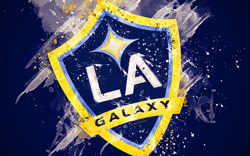 Los Angeles Galaxy paint art, American soccer team, creative, logo, MLS, emblem, blue background, grunge style, Los Angeles, California, USA, football, Major League Soccer, LA Galaxy FC, HD wallpaper