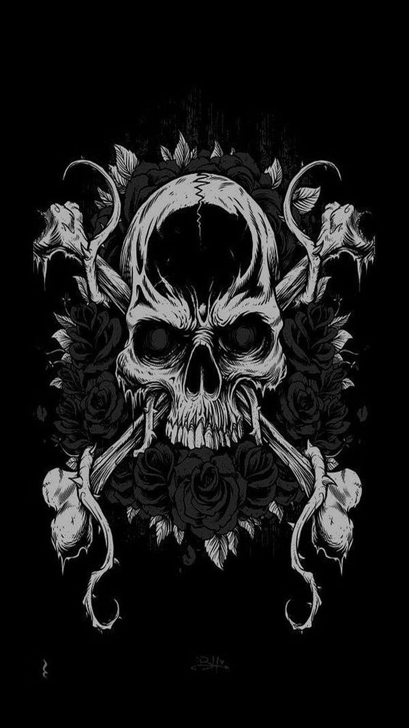 skull and roses, darkness, death, roses, skull, HD phone wallpaper