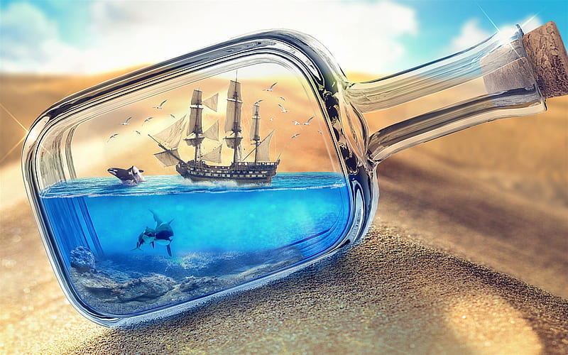creative art, bottle on the sand, ship inside the bottle, killer whales, art, HD wallpaper