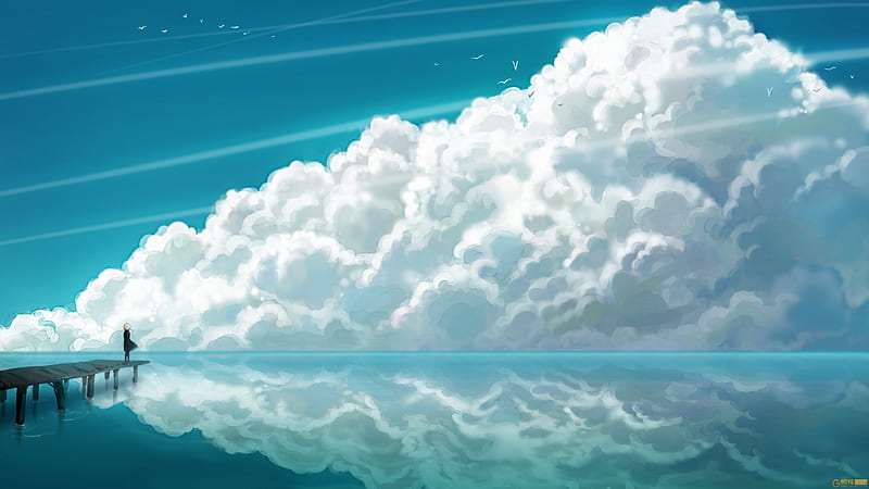 Clouds, cloud, luminos, manga, sea, water, anime, summer, reflection, white, blue, HD wallpaper