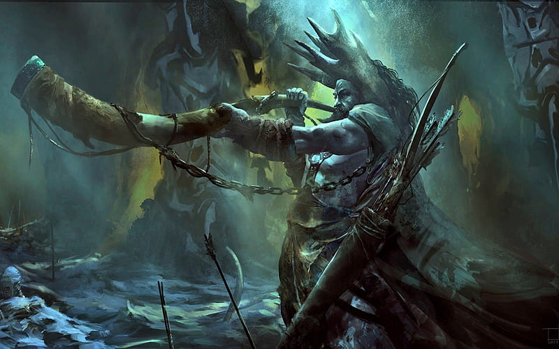 The Great Hunt, fantasy, warrior, dark, horn, magic, norse, HD wallpaper