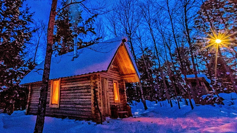 Winter Evening, cabin, trees, snow, light, HD wallpaper | Peakpx