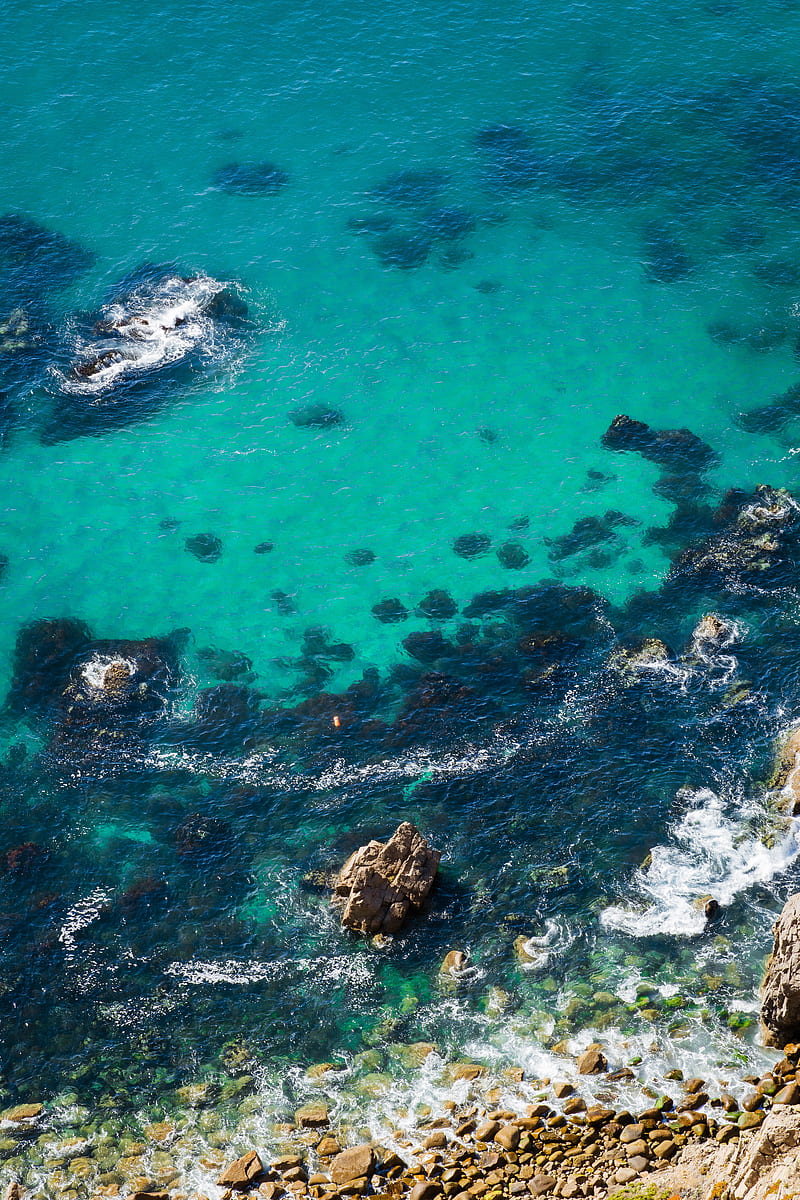 sea, coast, aerial view, water, stones, HD phone wallpaper