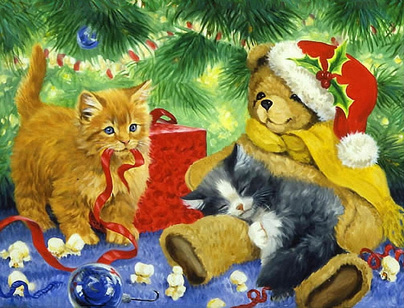 Fluffy Kittens, pretty, Christmas, draw and paint, lovely, colors, love four seasons, kittens, creative pre-made, xmas and new year, cute, paintings, teddy bear, cats, toys, gifts, animals, HD wallpaper