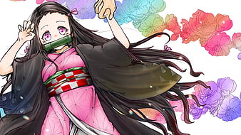 Demon Slayer Someone Holding Nezuko Kamado Hand With White Background And Colorful Flowers Anime Hd Wallpaper Peakpx