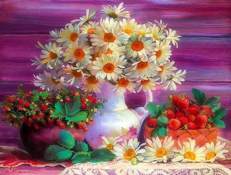 ..Memoirs of Childhood.., pretty, lovely still life, draw and paint, lovely, fruits, colors, love four seasons, bonito, attractions in dreams, creative pre-made, daisies, paintings, vases, flowers, beloved valentines, drawings, HD wallpaper