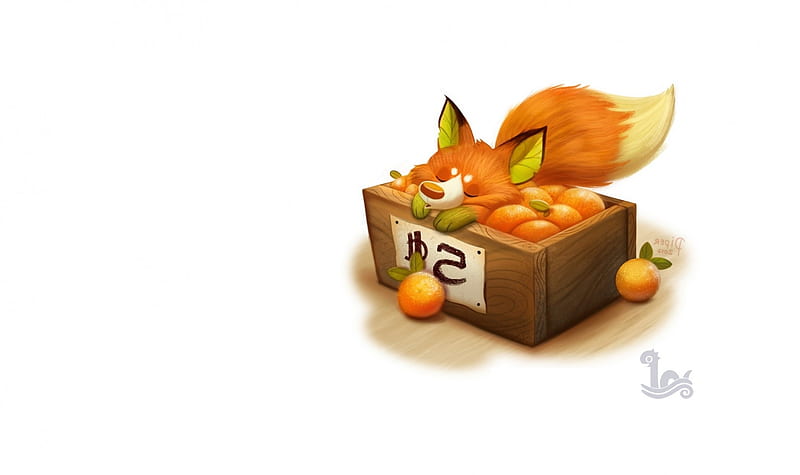 Fox and tangerins, tangerine, orange, silly, cute, fruit, fantasy, vulpe, fox, piper thibodeau, child, HD wallpaper
