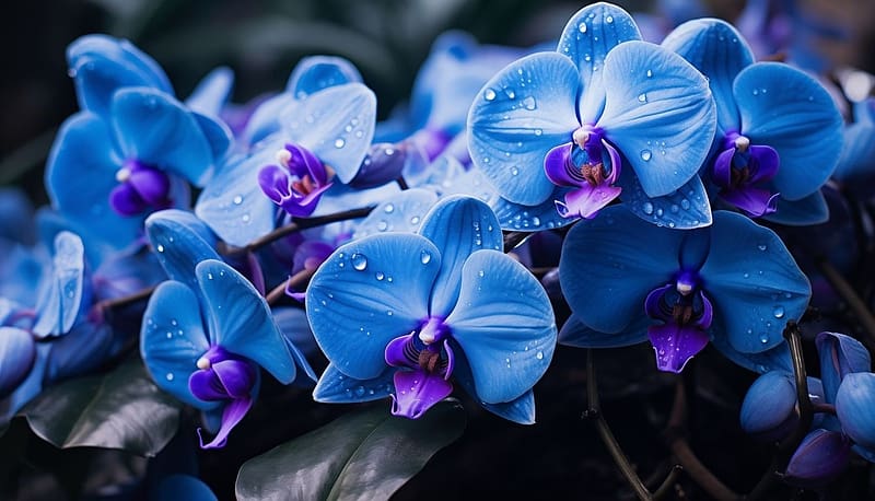 Dewy blue orchids, kek, virag, orchidea, harmatos, noveny, HD wallpaper