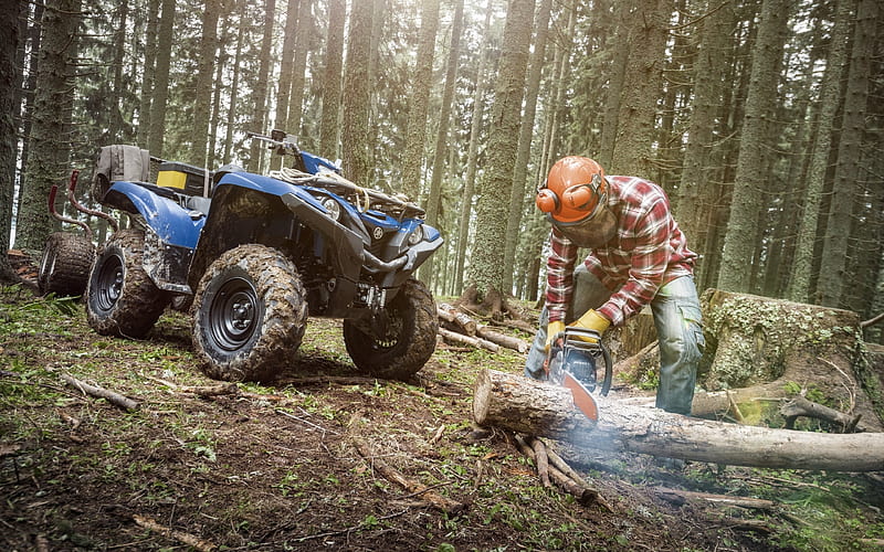 Yamaha Grizzly, all-terrain vehicle, cross-country vehicle, felling of wood, chainsaw, ATV, Yamaha, HD wallpaper