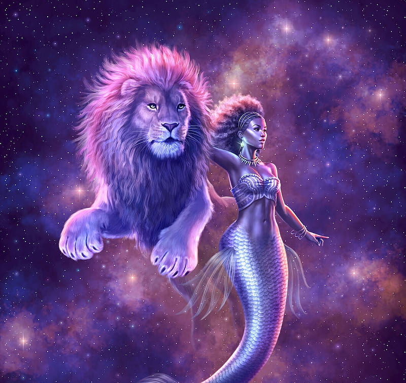 Zodiac ~ Leo, lion, frumusete, luminos, leo, leu, zodiac, mermaid, superb, yasushi matsuoka, fantasy, purple, siren, pink, gorgeous, blue, HD wallpaper