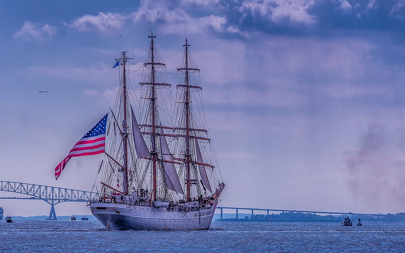 Old Sailboat, USA, American Flag, Beautiful White Sailboat, US Coast Guard, USA Flag, HD wallpaper
