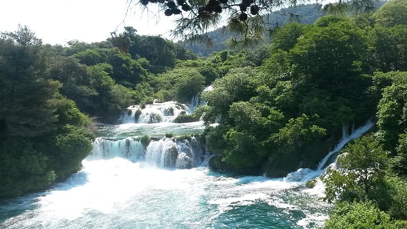 Waterfall in Krka, Croatia, rocks, clouds, river, cascades, trees, landscape, sky, HD wallpaper
