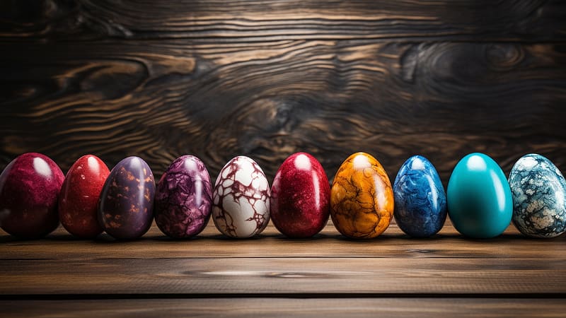 Happy Easter!, two, colorful, easter, brown, wood, egg, card, HD wallpaper