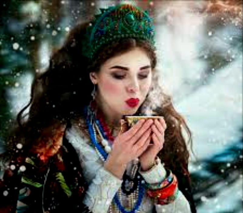 Maiden With Coffee, Snow, Brunette, Woman, Coffee, HD wallpaper