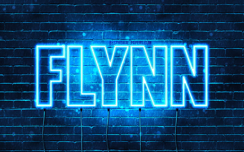 Flynn with names, horizontal text, Flynn name, Happy Birtay Flynn, blue neon lights, with Flynn name, HD wallpaper