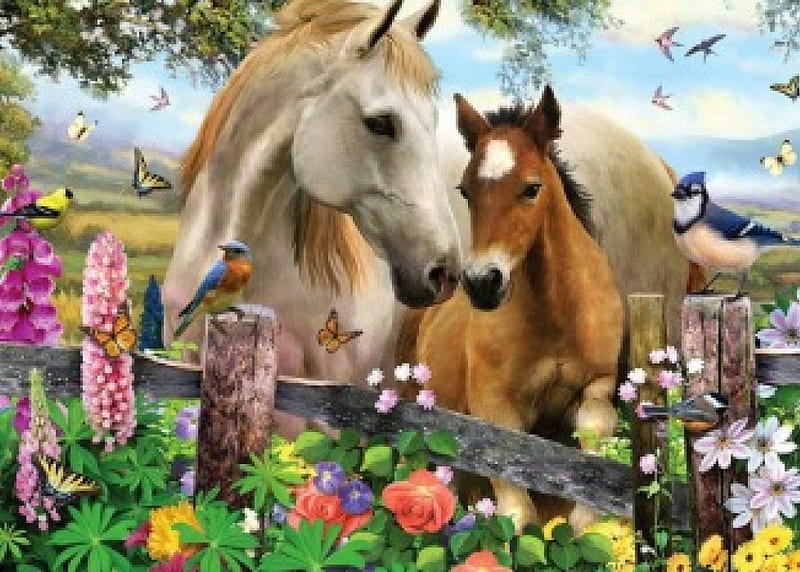 Proud Parent, fence, painting, flowers, foal, horse, artwork, HD wallpaper