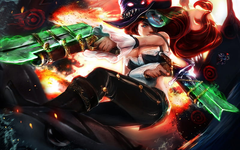 Miss Fortune, red, fizz, orange, redhead, game, black, woman, league of legends, pirate, hat, fantasy, girl, green, weapon, HD wallpaper