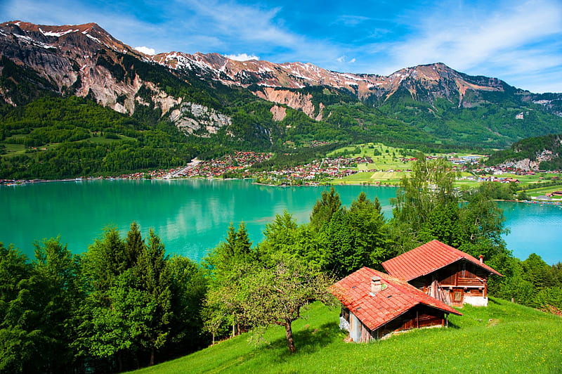 Lake panorama, pretty, shore, switzerland, mountain, nice, calm, green, swiss, village, reflection, lovely, houses, roofs, emerald, sky, lake, panorama, serenity, summer, nature, landscape, HD wallpaper