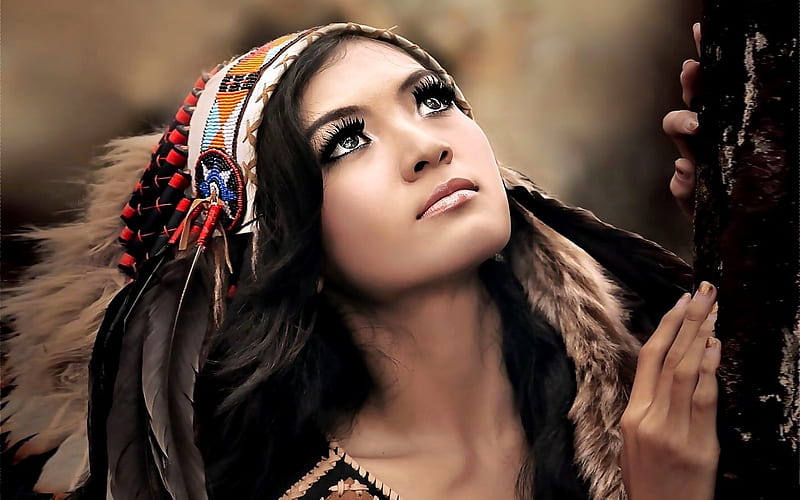 Native Maiden Eyes, lovely, Headdress, American indian, Feathers, Face, woman, beauty, native, eyes, HD wallpaper
