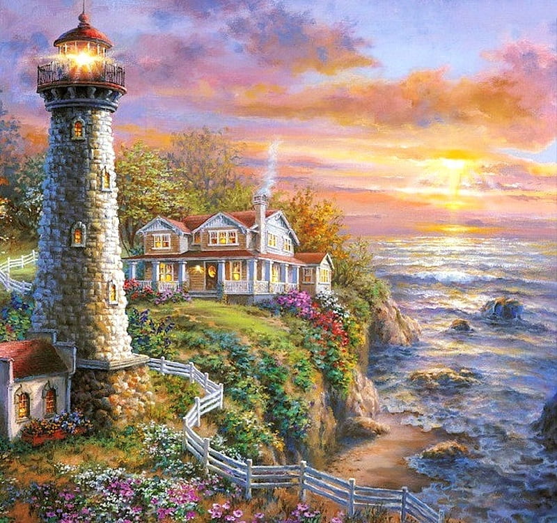 Lighthouse Haven I, architecture, oceans, houses, love four seasons, attractions in dreams, paintings, paradise, lighthouses, summer, flowers, garden, nature, sunrise, HD wallpaper