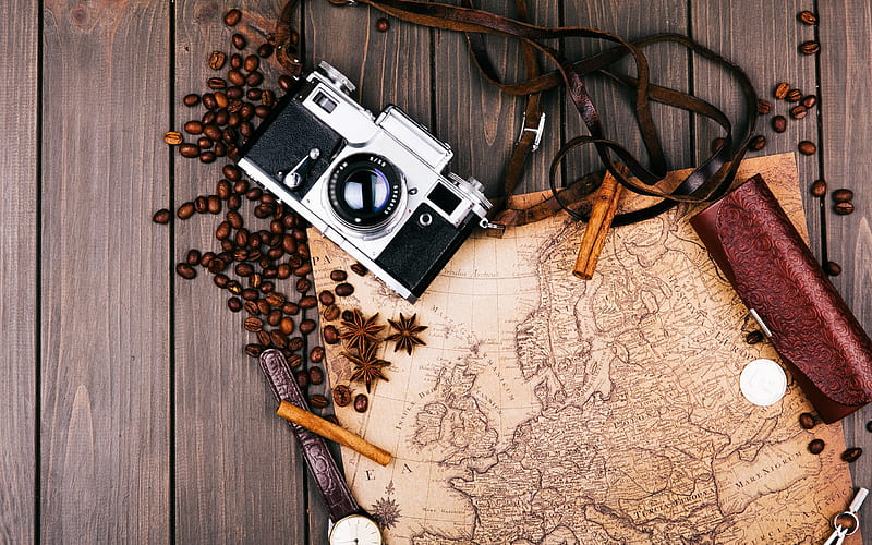 travel concepts, old map, travel location choice, camera, coffee beans, HD wallpaper