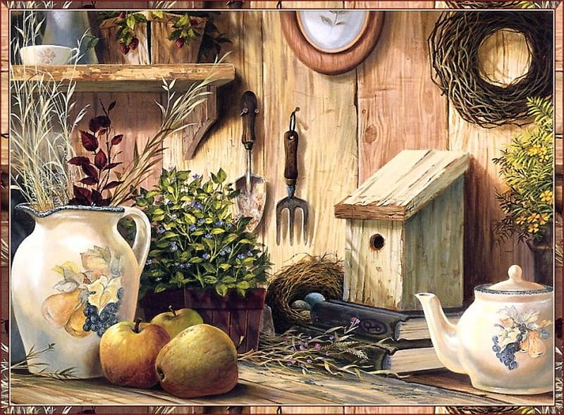 Cozy Corner, fruit, utensils, painting, cans, artwork, HD wallpaper