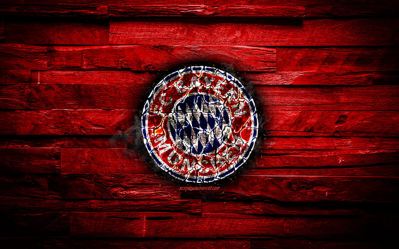 Bayern Munich FC, fiery logo, Bundesliga, red wooden background, german football club, grunge, Bayern Munchen, football, soccer, Bayern Munich logo, fire texture, Germany, HD wallpaper