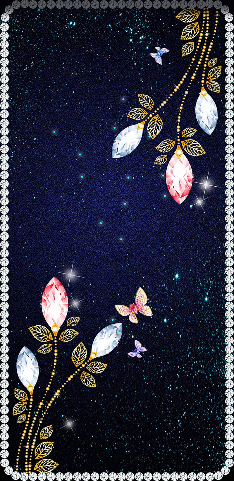 Butterfly N Crystals, butterflies, crystal, diamond, gems, glitter, gold, golden, HD phone wallpaper