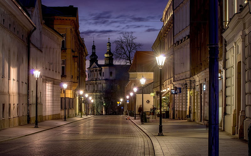 Krakow, Poland, houses, dusk, streetscape, Krakow, Poland, church, lights, HD wallpaper