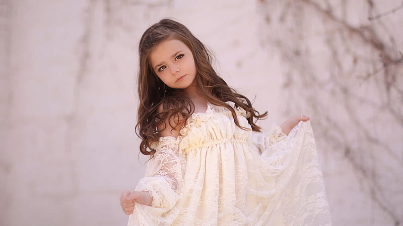 Cute Little Girl Is Wearing White Lacey Dress Standing In White Background Cute, HD wallpaper