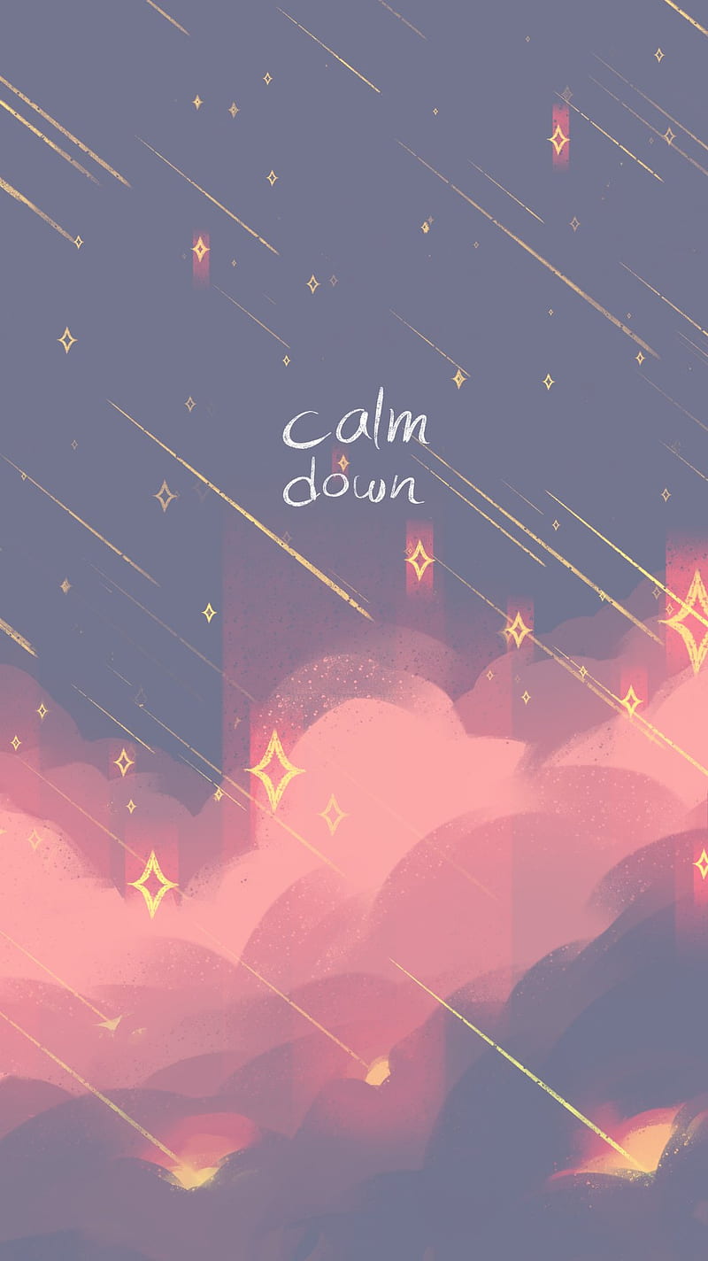 Calm Down, aesthetic, art, clouds, cute, landscape, painting, pink, sky, stars, HD phone wallpaper