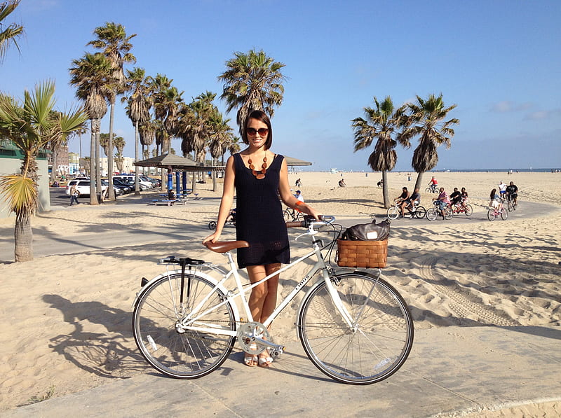 brunette with bicycle, beach, bicycle, girl, two wheels, HD wallpaper