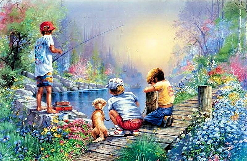 Fishing Time, pier, painting, flowers, summer, kids, dog, artwork, HD wallpaper