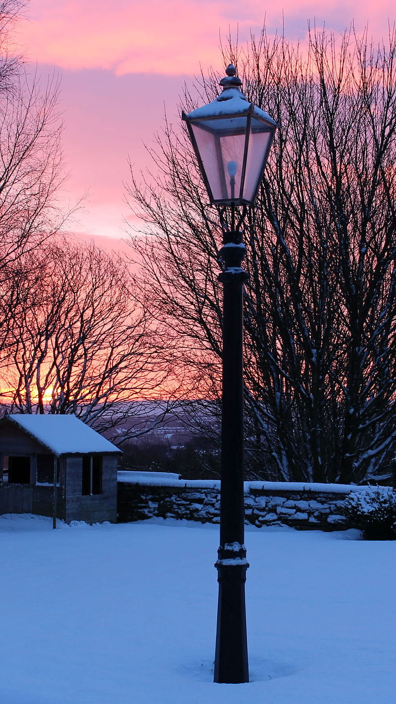 Lamp Post, sunset, winter, HD phone wallpaper