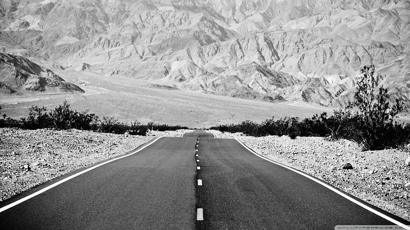 Blacktop to the white caps, black and white, hills, desert, road, HD ...
