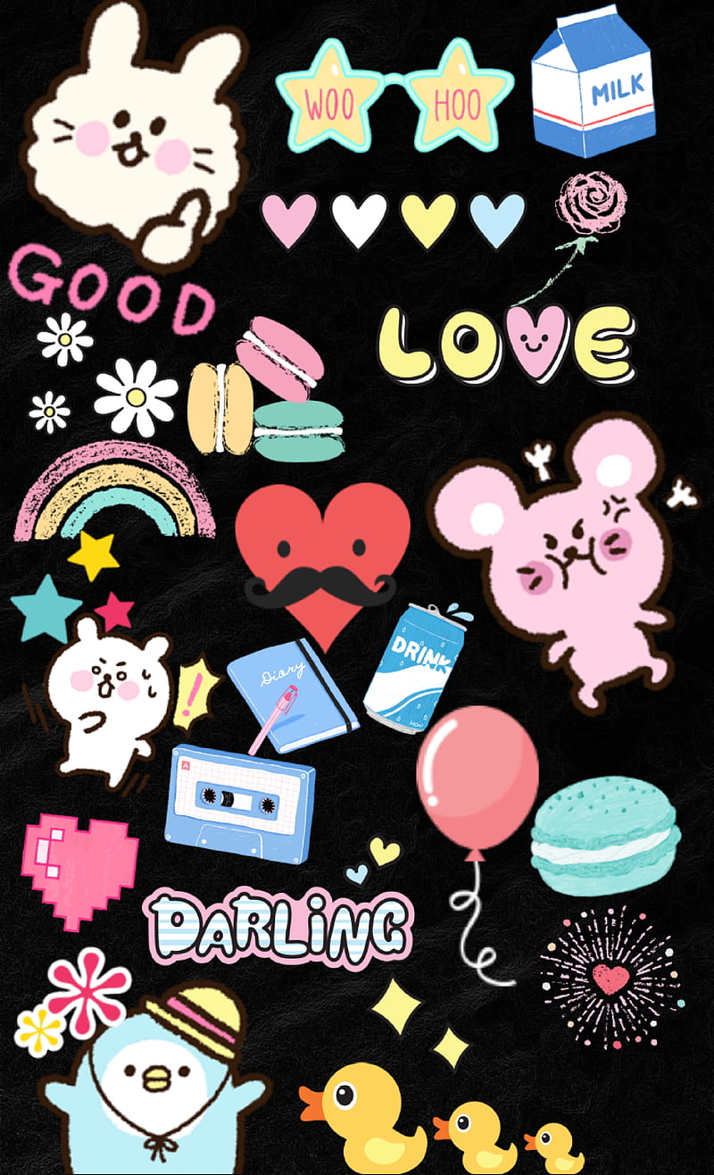 Stickers Chibi, penguin, bear, mouse, corazones, pink, black, pop culture, HD phone wallpaper