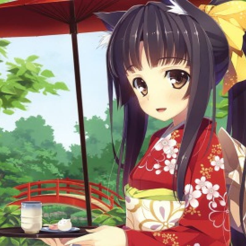 Tea Chan, nekomimi, pretty, cg, plant, umbrella, adorable, tea, sweet ...