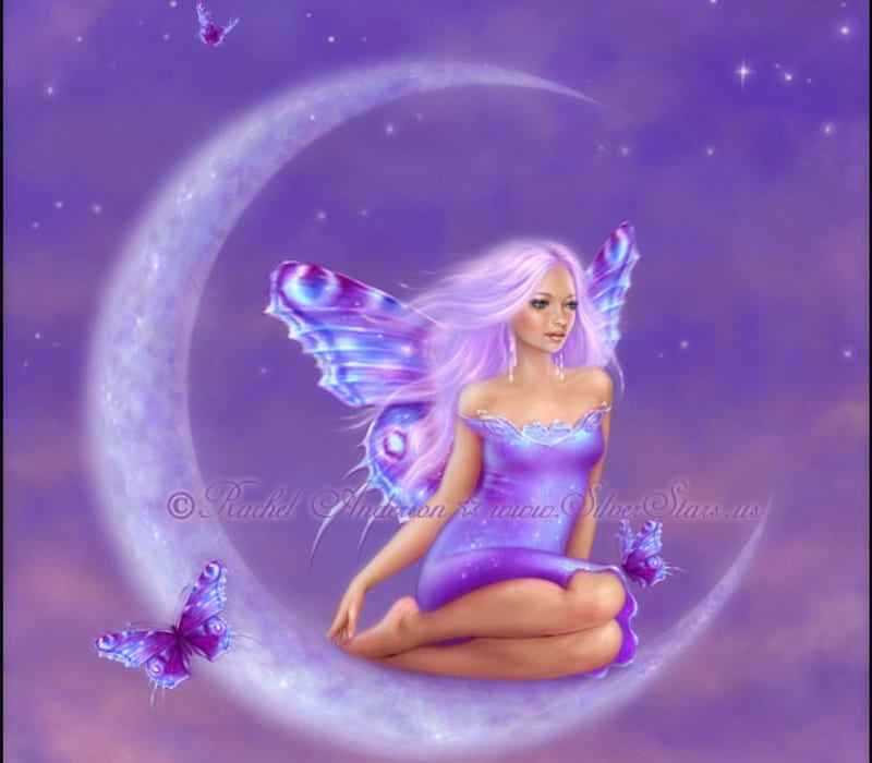 Lavender Crescent, pretty, dress, charm, lavender, bonito, digital art, angels, sweet, hair, fantasy, paintings, moon, fairies, girls, drawings, animals, female, wings, lovely, colors, butterflies, cute, cool, purple, weird things people wear, crescent, HD wallpaper