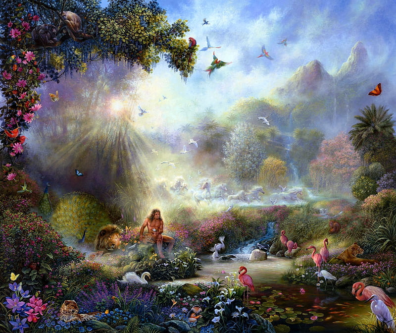 Heaven's garden, art, adam, luminos, tom dubois, man, monkey, green, painting, jungle, flower, heaven, pictura, animals, HD wallpaper
