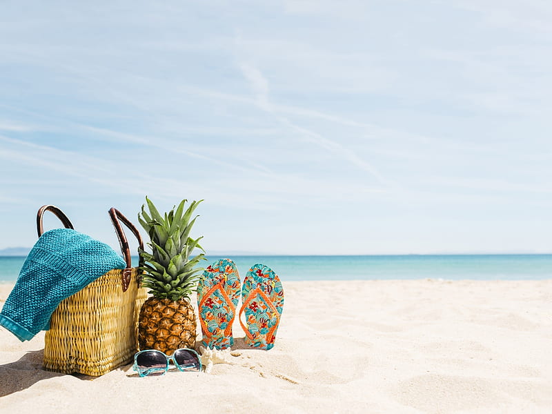 Beach in Summer, Slippers, Pineapple, Bag, Sunglasses, HD wallpaper