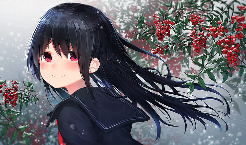anime girl, black hair, smiling, snow, winter, school uniform, red eyes, Anime, HD wallpaper