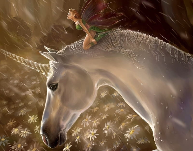 Fairy and unicorn, luminos, girl, unicorn, fairy, fantasy, HD wallpaper