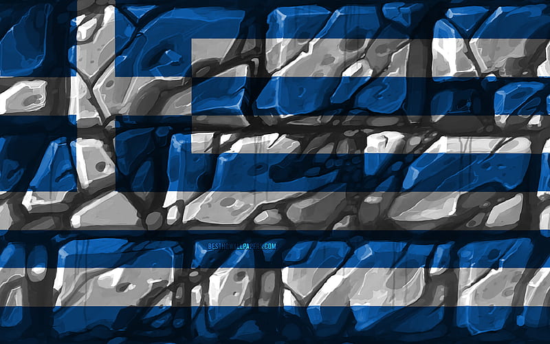 Greek flag, brickwall European countries, national symbols, Flag of Greece, creative, Greece, Europe, Greece 3D flag, HD wallpaper