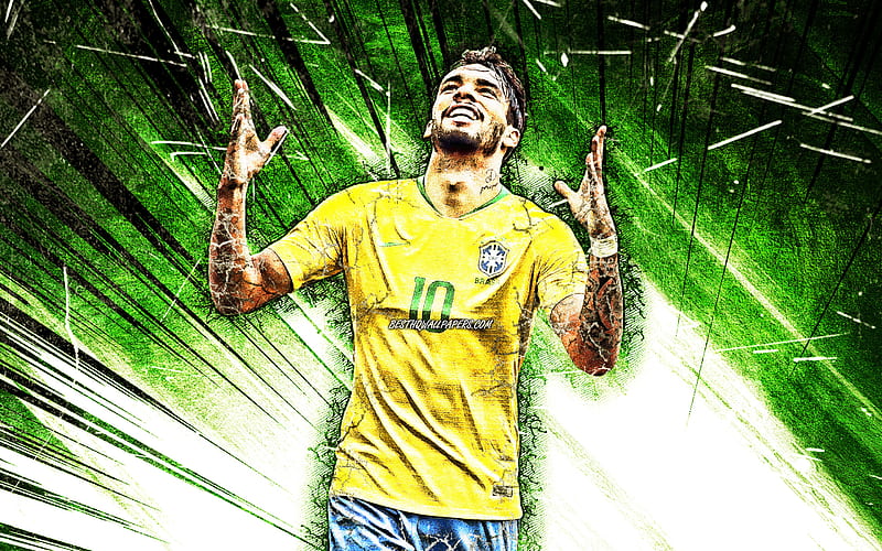 Lucas Paqueta, Brazil National Team, grunge art, soccer, Lucas Tolentino Coelho de Lima, footballers, green abstract rays, Brazilian football team, HD wallpaper
