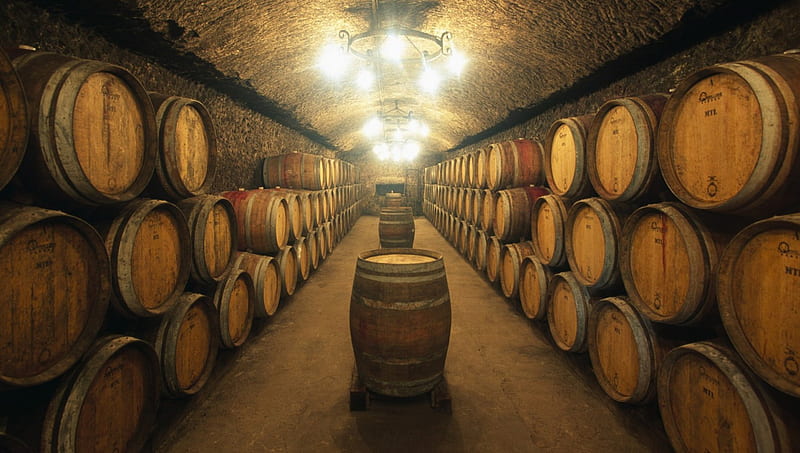 barrels of wine aging, room, stacked, barrels, lights, HD wallpaper