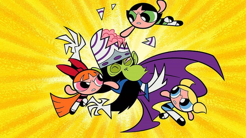 The Powerpuff Girls Blossom, Bubbles and Buttercup On Top Of Mojo In Yellow Background Anime, HD wallpaper